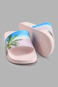 Redtag-Pink-Palm-Print-Slide-Sliders-Women's-