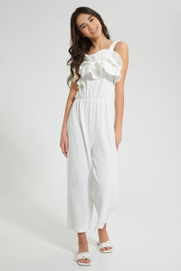 Redtag-White-Ruffled-Front-Jacquard-Jumpsuit-Dresses-Senior-Girls-9 to 14 Years