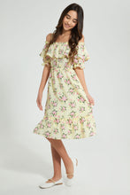 تنزيل الصورة على معرض الصور، Redtag-Yellow-Floral-Off-Shoulder-Dress-Dresses-Senior-Girls-9 to 14 Years
