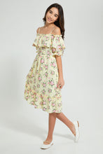 تنزيل الصورة على معرض الصور، Redtag-Yellow-Floral-Off-Shoulder-Dress-Dresses-Senior-Girls-9 to 14 Years
