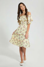 تنزيل الصورة على معرض الصور، Redtag-Yellow-Floral-Off-Shoulder-Dress-Dresses-Senior-Girls-9 to 14 Years
