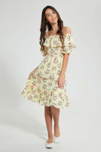 Redtag-Yellow-Floral-Off-Shoulder-Dress-Dresses-Senior-Girls-9 to 14 Years