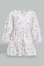 تنزيل الصورة على معرض الصور، Redtag-White-Long-Sleeve-Floral-Printed-Knit-Dress-Dresses-Infant-Girls-3 to 24 Months
