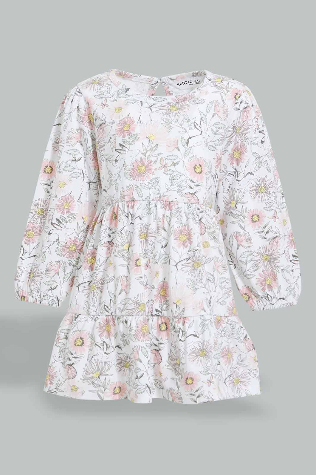 Redtag-White-Long-Sleeve-Floral-Printed-Knit-Dress-Dresses-Infant-Girls-3 to 24 Months