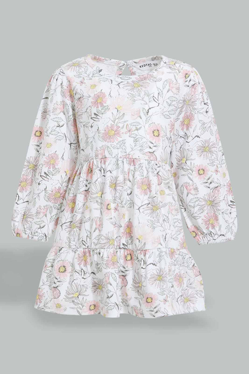 Redtag-White-Long-Sleeve-Floral-Printed-Knit-Dress-Dresses-Infant-Girls-3 to 24 Months