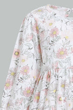 تنزيل الصورة على معرض الصور، Redtag-White-Long-Sleeve-Floral-Printed-Knit-Dress-Dresses-Infant-Girls-3 to 24 Months
