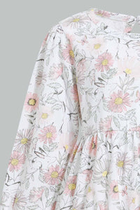 Redtag-White-Long-Sleeve-Floral-Printed-Knit-Dress-Dresses-Infant-Girls-3 to 24 Months