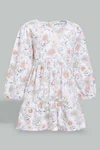 Redtag-White-Long-Sleeve-Floral-Printed-Knit-Dress-Dresses-Infant-Girls-3 to 24 Months