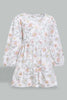 Redtag-White-Long-Sleeve-Floral-Printed-Knit-Dress-Dresses-Infant-Girls-3 to 24 Months