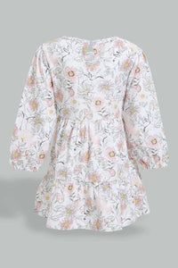 Redtag-White-Long-Sleeve-Floral-Printed-Knit-Dress-Dresses-Infant-Girls-3 to 24 Months