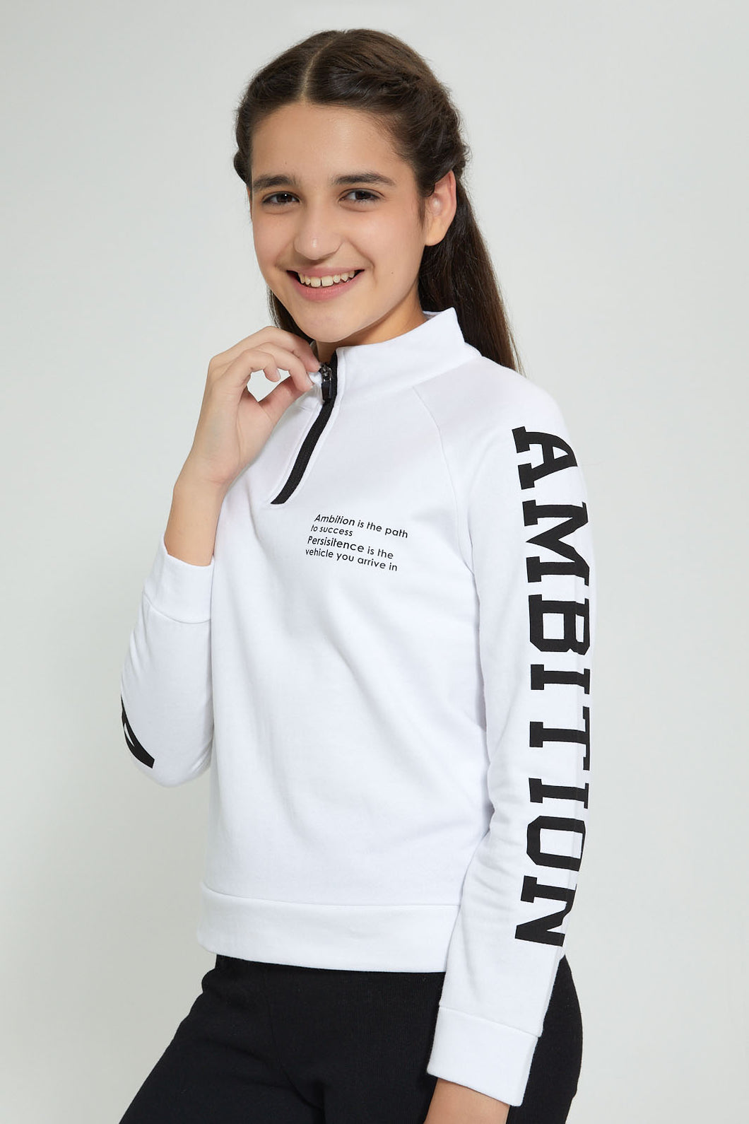 Redtag-White-High-Neck-Sweatshirt-Active-Sweatshirts-Senior-Girls-9 to 14 Years