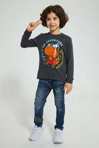 Redtag-Dark-Grey-Dino-Gel-Print-Long-Sleeve-T-Shirt-All-Over-Prints-Boys-2 to 8 Years