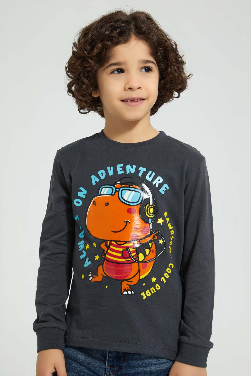 Redtag-Dark-Grey-Dino-Gel-Print-Long-Sleeve-T-Shirt-All-Over-Prints-Boys-2 to 8 Years