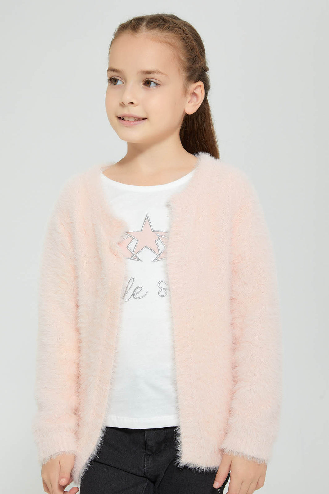 Redtag-Pink-Two-Piece-Cardigan-With-T-Shirt-Sets-Girls-2 to 8 Years