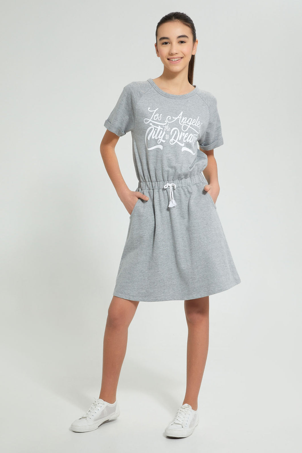 Redtag-Grey-Melange-Sporty-Knitted-Dress-Dresses-Senior-Girls-9 to 14 Years