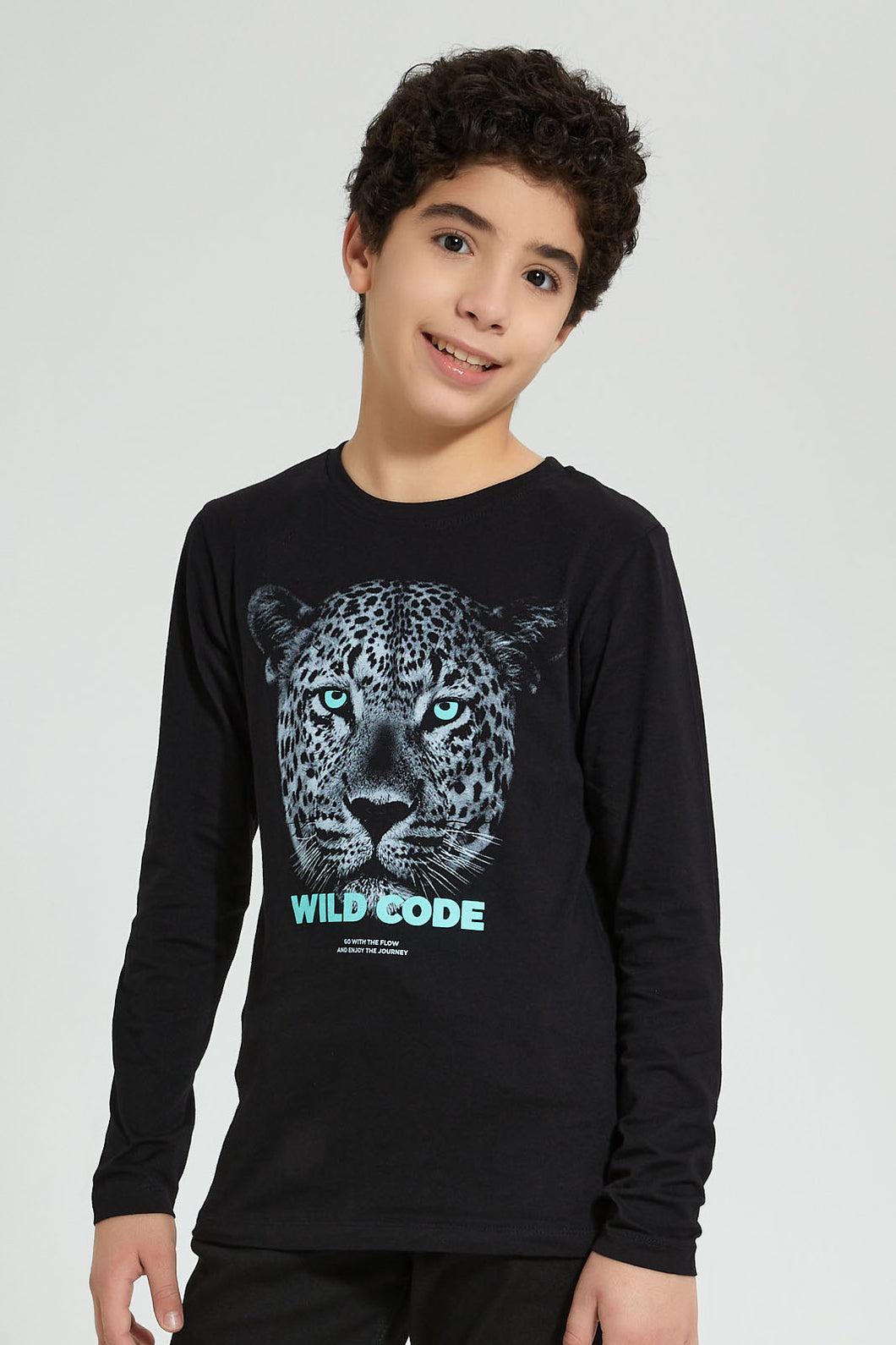 Redtag-Black-Cheetah-Face-Print-T-Shirt-Graphic-Prints-Senior-Boys-9 to 14 Years