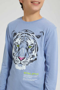 Redtag-Blue-Tiger-Face-Print-T-Shirt-Graphic-Prints-Senior-Boys-9 to 14 Years