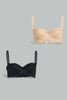 Redtag-Black/Beige-Plain-Lace-Padded-Push-Up-Bra-(2-Pack)-Plunge-Bras-Women's-