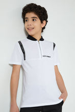 Load image into Gallery viewer, Redtag-White-Tape-On-Chest-Zip-Placket-Polo-Polo-Shirts-Senior-Boys-9 to 14 Years
