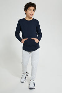 Redtag-Navy-Kangaroo-Pocket-T-Shirts-Plain-Senior-Boys-9 to 14 Years