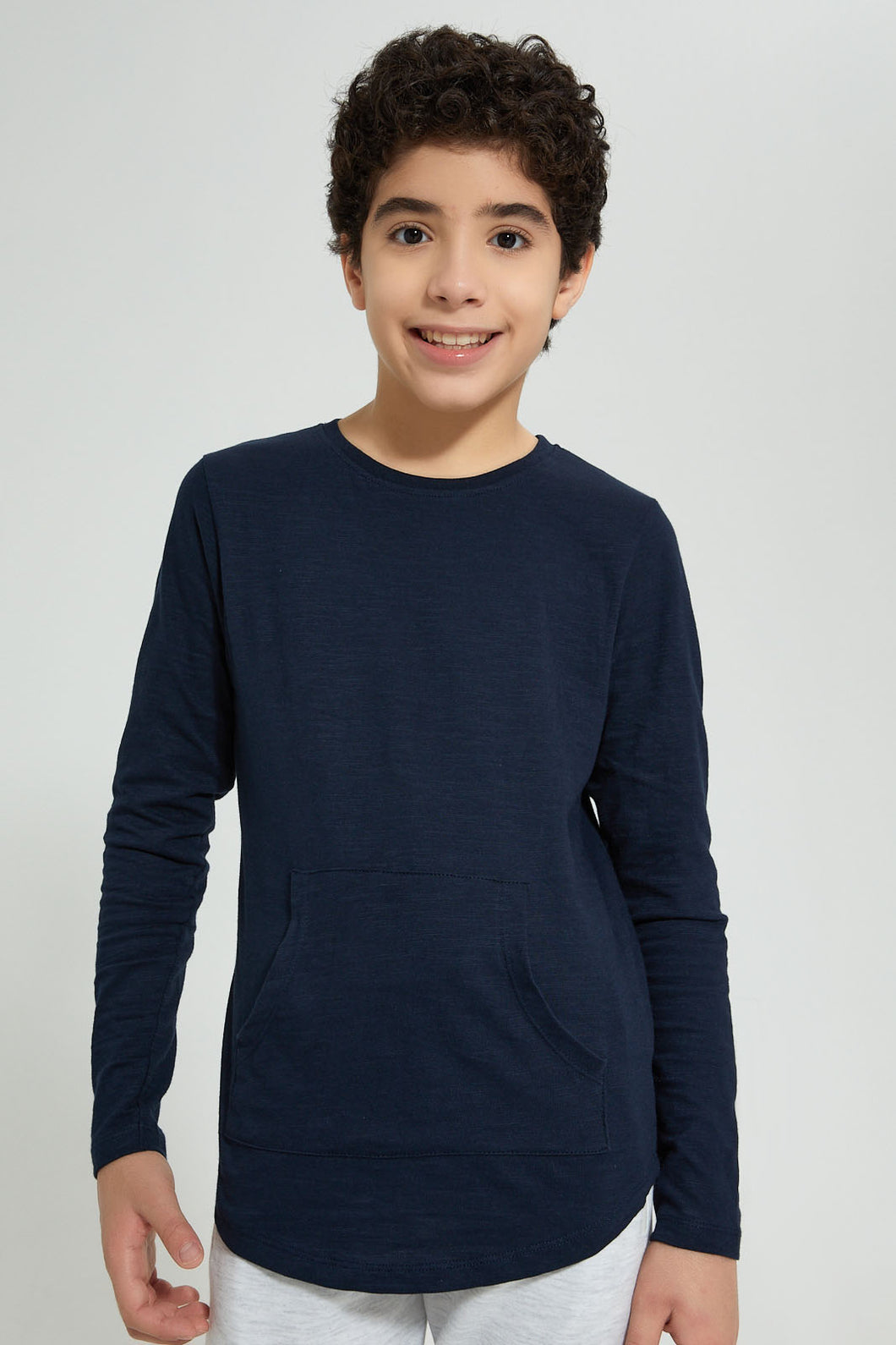 Redtag-Navy-Kangaroo-Pocket-T-Shirts-Plain-Senior-Boys-9 to 14 Years