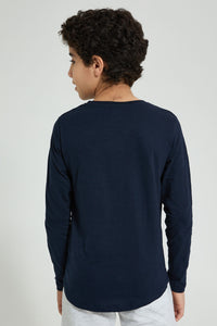 Redtag-Navy-Kangaroo-Pocket-T-Shirts-Plain-Senior-Boys-9 to 14 Years