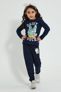 Redtag-Navy-Donal-Duck-Print-Track-Joggers-Girls-2 to 8 Years