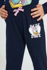 Redtag-Navy-Donal-Duck-Print-Track-Joggers-Girls-2 to 8 Years