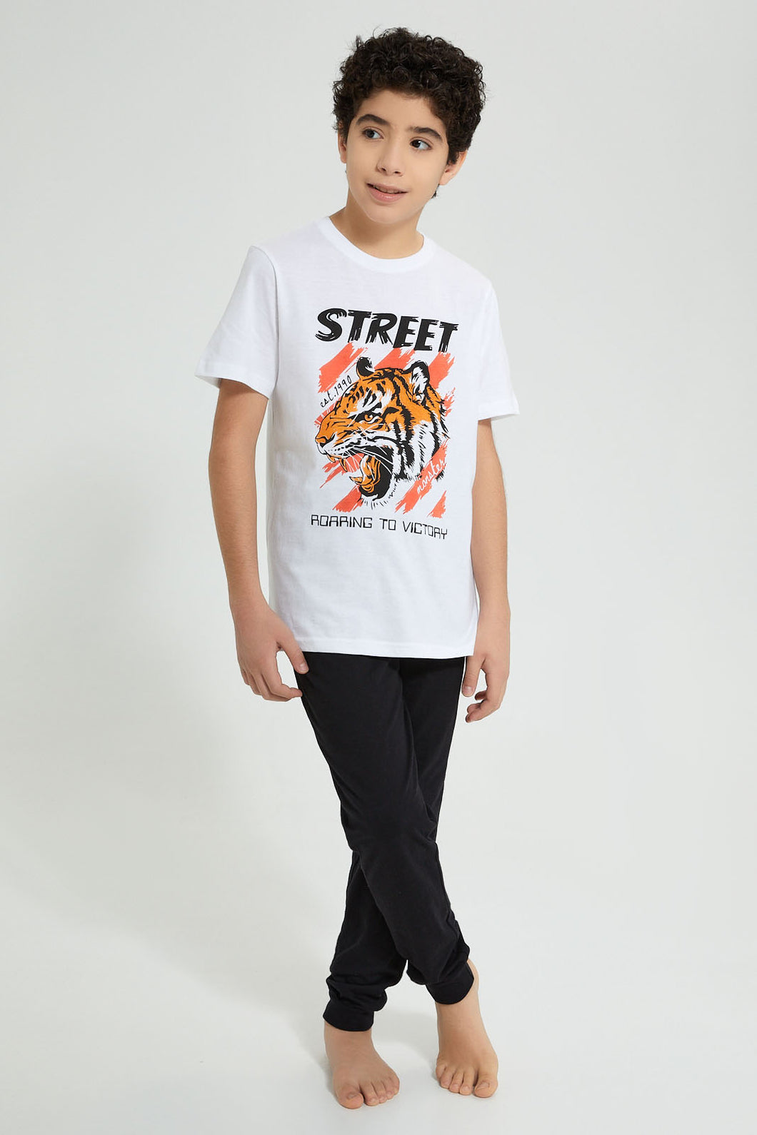 Redtag-White-Tiger-Night-Suit-Pyjama-Sets-Senior-Boys-9 to 14 Years
