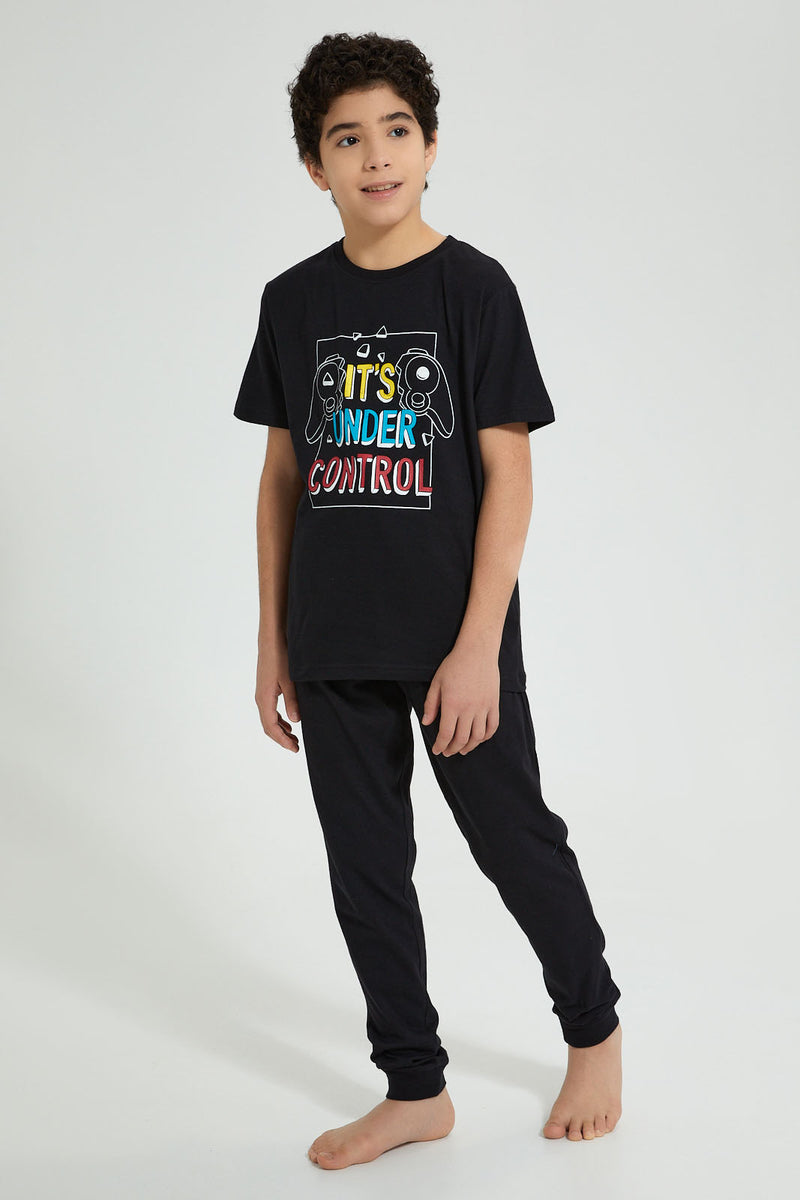 Redtag-Black-Under-Control-Night-Suit-Pyjama-Sets-Senior-Boys-9 to 14 Years