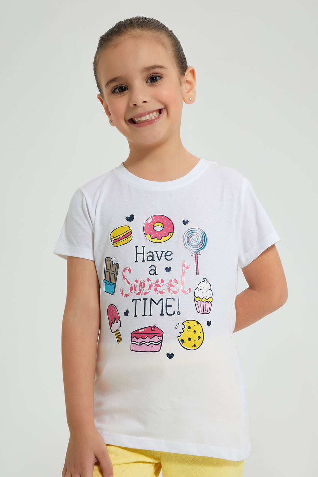 Redtag-White-Slogan-T-Shirt-Colour:White,-Filter:Girls-(2-to-8-Yrs),-Girls-T-Shirts,-New-In,-New-In-GIR,-Non-Sale,-S22B,-Section:Kidswear,-TBL-Girls-2 to 8 Years