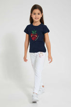 Load image into Gallery viewer, Redtag-Navy-Laced-Lurex-Embroidery-Tee-Plain-Girls-2 to 8 Years
