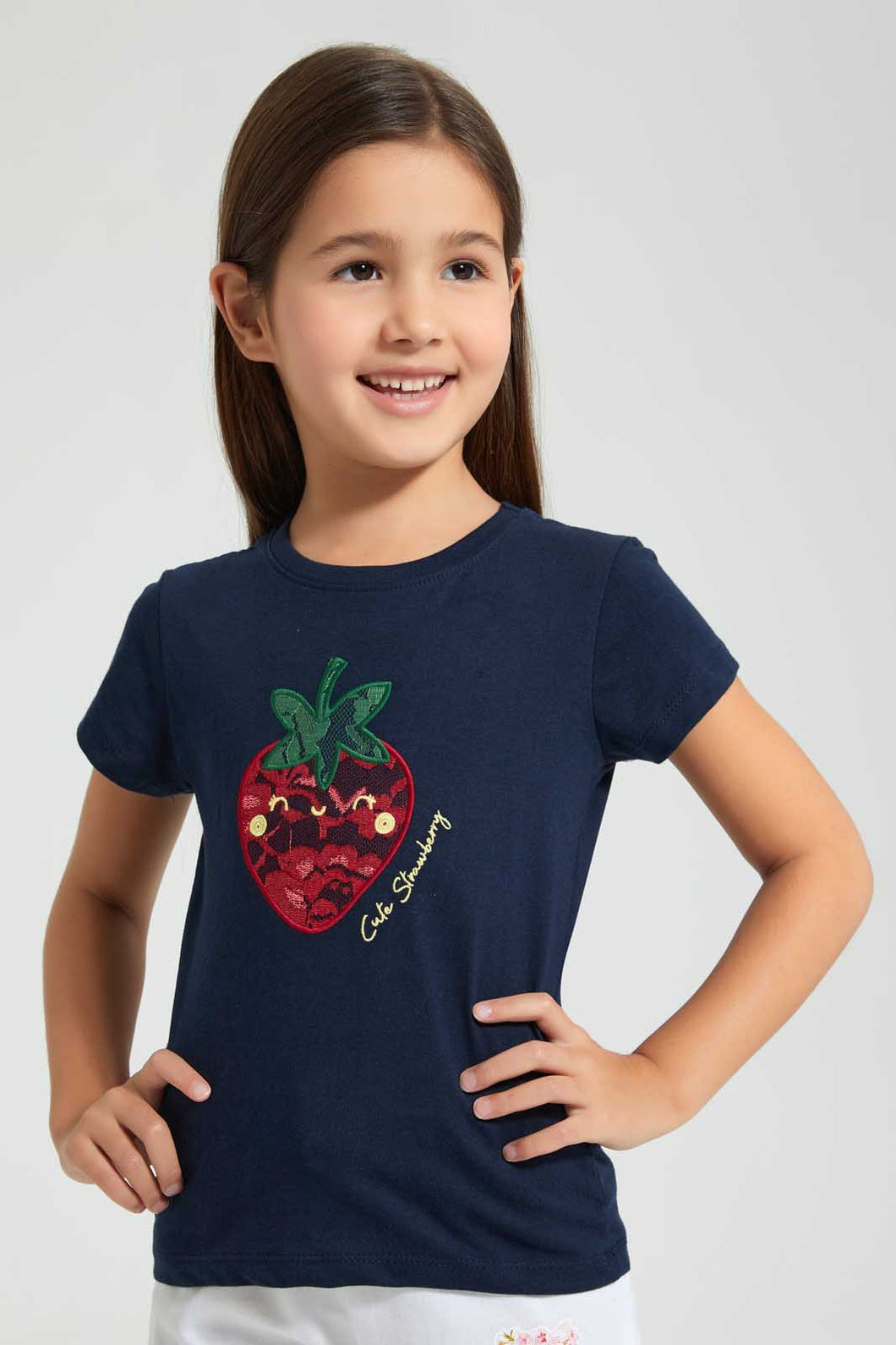 Redtag-Navy-Laced-Lurex-Embroidery-Tee-Plain-Girls-2 to 8 Years