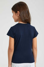 Load image into Gallery viewer, Redtag-Navy-Laced-Lurex-Embroidery-Tee-Plain-Girls-2 to 8 Years
