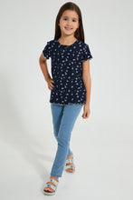 Load image into Gallery viewer, Redtag-Navy-Floral-Print-Drop-Needle-Fabric-T-Shirt-Plain-Girls-2 to 8 Years
