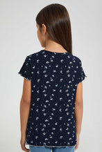 Load image into Gallery viewer, Redtag-Navy-Floral-Print-Drop-Needle-Fabric-T-Shirt-Plain-Girls-2 to 8 Years
