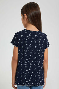 Redtag-Navy-Floral-Print-Drop-Needle-Fabric-T-Shirt-Plain-Girls-2 to 8 Years