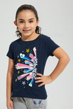 Load image into Gallery viewer, Redtag-Navy-Star-Slogan-T-Shirt-Colour:Navy,-Filter:Girls-(2-to-8-Yrs),-Girls-T-Shirts,-New-In,-New-In-GIR,-Non-Sale,-S22B,-Section:Kidswear,-TBL-Girls-2 to 8 Years
