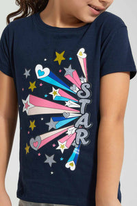 Redtag-Navy-Star-Slogan-T-Shirt-Colour:Navy,-Filter:Girls-(2-to-8-Yrs),-Girls-T-Shirts,-New-In,-New-In-GIR,-Non-Sale,-S22B,-Section:Kidswear,-TBL-Girls-2 to 8 Years