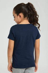 Redtag-Navy-Star-Slogan-T-Shirt-Colour:Navy,-Filter:Girls-(2-to-8-Yrs),-Girls-T-Shirts,-New-In,-New-In-GIR,-Non-Sale,-S22B,-Section:Kidswear,-TBL-Girls-2 to 8 Years