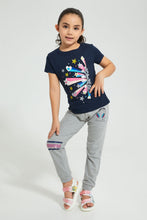 Load image into Gallery viewer, Redtag-Navy-Star-Slogan-T-Shirt-Colour:Navy,-Filter:Girls-(2-to-8-Yrs),-Girls-T-Shirts,-New-In,-New-In-GIR,-Non-Sale,-S22B,-Section:Kidswear,-TBL-Girls-2 to 8 Years
