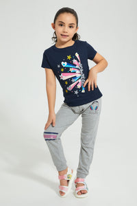 Redtag-Navy-Star-Slogan-T-Shirt-Colour:Navy,-Filter:Girls-(2-to-8-Yrs),-Girls-T-Shirts,-New-In,-New-In-GIR,-Non-Sale,-S22B,-Section:Kidswear,-TBL-Girls-2 to 8 Years