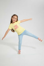 Load image into Gallery viewer, Redtag-Yellow-Laced-Lurex-Embroidery-Tee-Plain-Girls-2 to 8 Years
