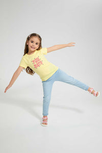 Redtag-Yellow-Laced-Lurex-Embroidery-Tee-Plain-Girls-2 to 8 Years