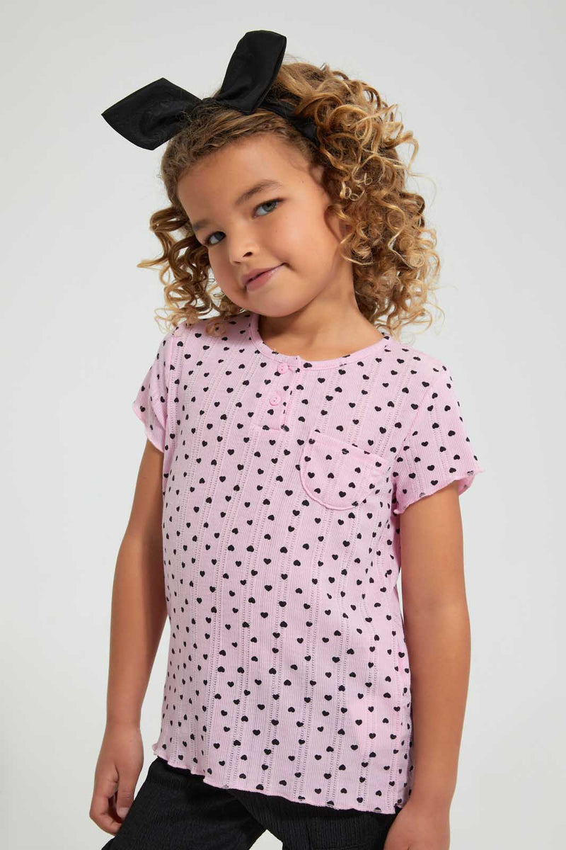 Redtag-Pink-Heart-Print-Drop-Needle-Fabric-Tee-Blouses-Girls-2 to 8 Years