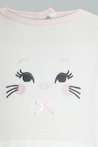 Redtag-White-And-Pink-Kitten-Face-Cut-&-Sewn-Sleepsuit-Sleepsuits-Baby-0 to 12 Months