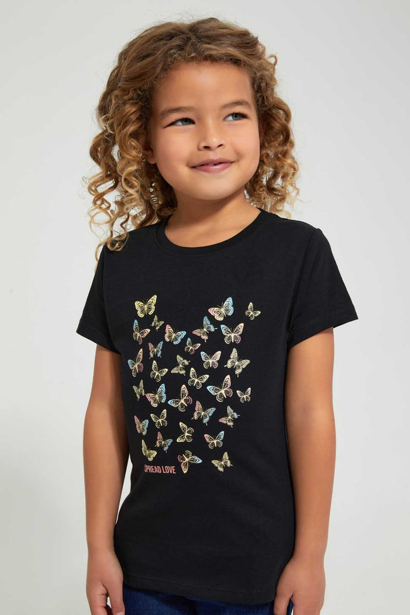 Redtag-Black-Butterfly-Tee-Blouses-Girls-2 to 8 Years