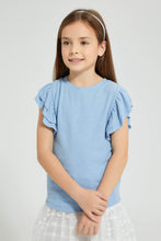 Load image into Gallery viewer, Redtag-Sky-Blue-Rib-Fabric-Frill-Sleeve-T-Shirt-Colour:Sky-Blue,-Filter:Girls-(2-to-8-Yrs),-Girls-T-Shirts,-New-In,-New-In-GIR,-Non-Sale,-S22B,-Section:Kidswear,-TBL-Girls-2 to 8 Years
