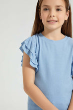 Load image into Gallery viewer, Redtag-Sky-Blue-Rib-Fabric-Frill-Sleeve-T-Shirt-Colour:Sky-Blue,-Filter:Girls-(2-to-8-Yrs),-Girls-T-Shirts,-New-In,-New-In-GIR,-Non-Sale,-S22B,-Section:Kidswear,-TBL-Girls-2 to 8 Years
