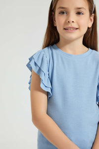 Redtag-Sky-Blue-Rib-Fabric-Frill-Sleeve-T-Shirt-Colour:Sky-Blue,-Filter:Girls-(2-to-8-Yrs),-Girls-T-Shirts,-New-In,-New-In-GIR,-Non-Sale,-S22B,-Section:Kidswear,-TBL-Girls-2 to 8 Years